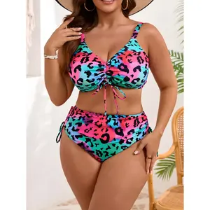 Plus Size High Waist Bikini Women's Push Up Large Size Dye Leopard Print Drawstring Swimsuit 2026 Summer Mujer Big Size Tummy Control Swimwear Bikini Sets