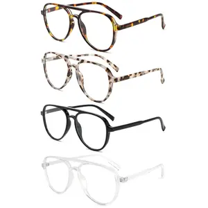 4 Pack Oversized Aviator Reading Glasses for Women Men Retro Double Bridge Pilot Style Blue Light Blocking Readers