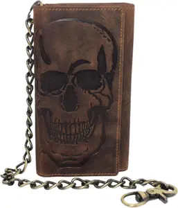 Biker Skull Chain Wallet RFID Signal Blocking Men's Vintage Leather Long Tri-fold Checkbook Card ID Wallet Skull Brown