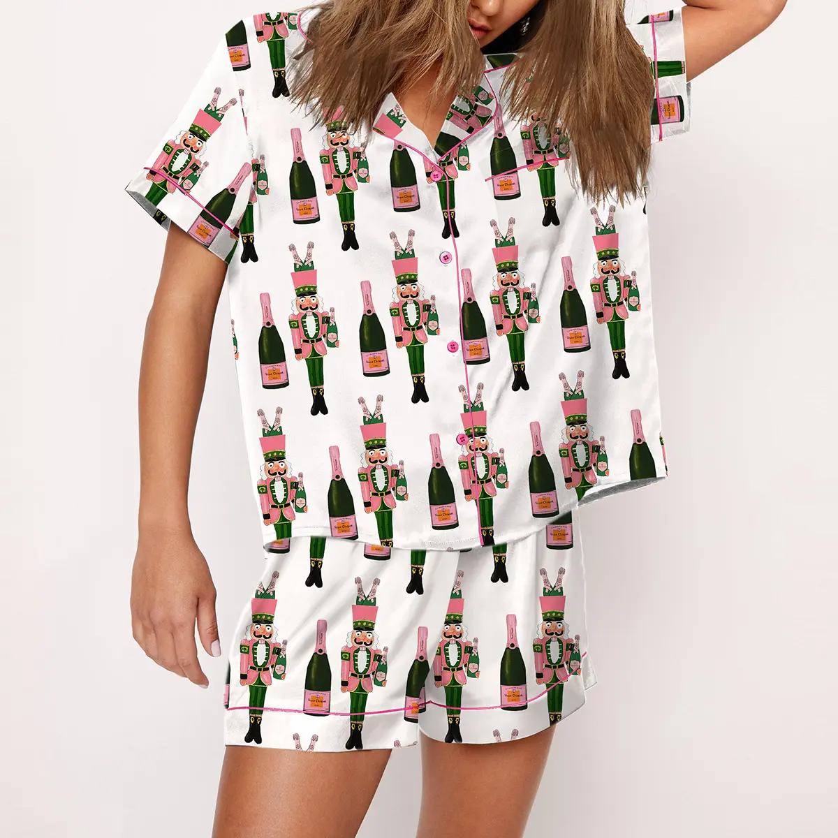 Bucket Nutcracker Pajama Set For Women Print Comfy Satin Sleepwear & Loungewear Pjs Short Sleeve Top & Bottoms Shorts Without Pockets - SHESHOW