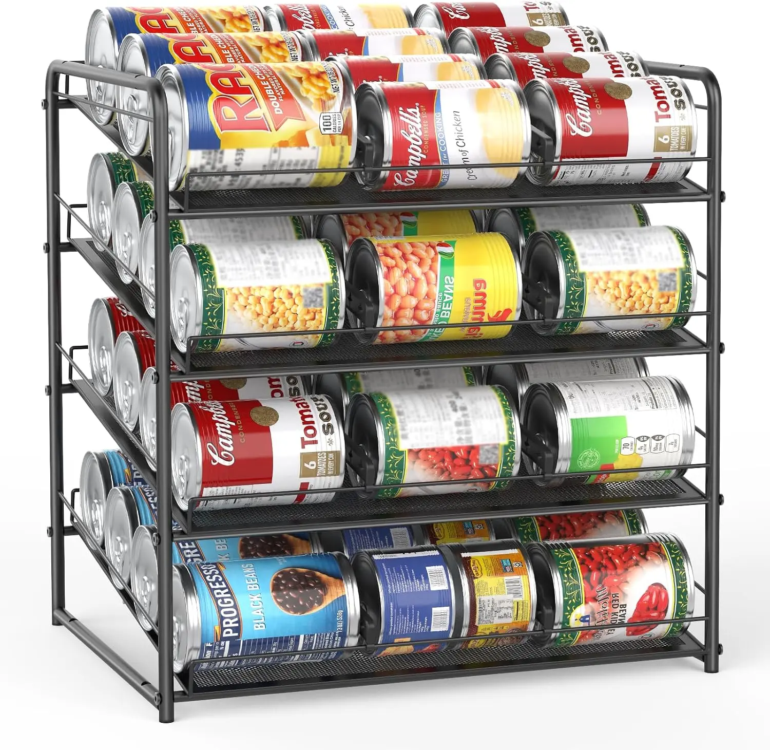 Sturdy Metal 4-Tier Adjustable Can Dispenser Rack, Black Kitchen Pantry Organizer for Canned Food, 48-Can Capacity Cupboard Solution