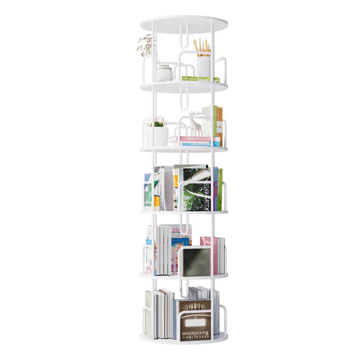 360° Rotating 5-Tier Metal & Wood Bookshelf Tower, 17.7"×17.7"×62.2" Space-Saving Revolving Storage Rack with Round Corners for Study, Living Room Office Furniture, Rotating Bookshelf Tower