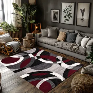 Abstract Curved Circle Geometric Crystal Velvet Area Rug, Contemporary Decorative Rug, Burgundy Black White Grey Non‑Slip Contemporary Living Room Rug