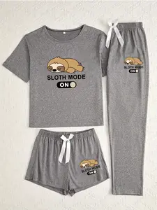 Women's Cartoon Sloth Animal Print Pajama Set, 3 Piece Loungewear Sleepwear Suit, Casual Fitted Nightwear for All Seasons, Comfortable Homewear Pjs Pyjamas, Pajamas Lounge Set