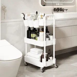 UDEAR 3-Tier Rolling Utility Cart,with 3 Hangable Cups Storage Trolley Rack for Room,Office,Kitchen,Bathroom