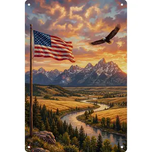 8x12 Aluminum Metal Sign | American Flag Eagle Mountain Landscape Patriotic Wall Decor