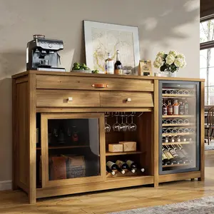 STO'SENSE Extra Large Coffee Bar Cabinet w/Fridge Space&Power Outlet,Lux MiniFridge Cabinet w/2Drawers,Wine Rack,Leather Handle,Adj.Shelves,Bar Tray,Glass Holder&Sliding Door,Buffet Sideboard,Natural