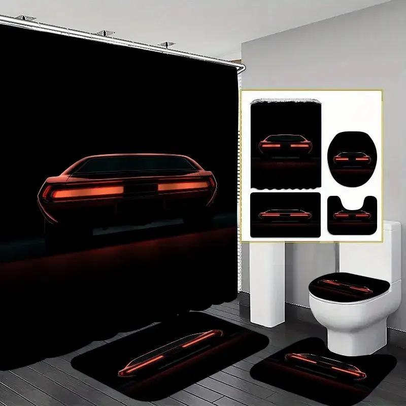 1/4-piece Retro Sports Car Taillight Design Shower Curtain Set, Shower Essentials, includes a non-slip mat, U-shaped rug, and toilet seat cover. Perfect for bathroom decoration, partitioning, and beautifying the space. Comes with 12 shower curtain hooks.