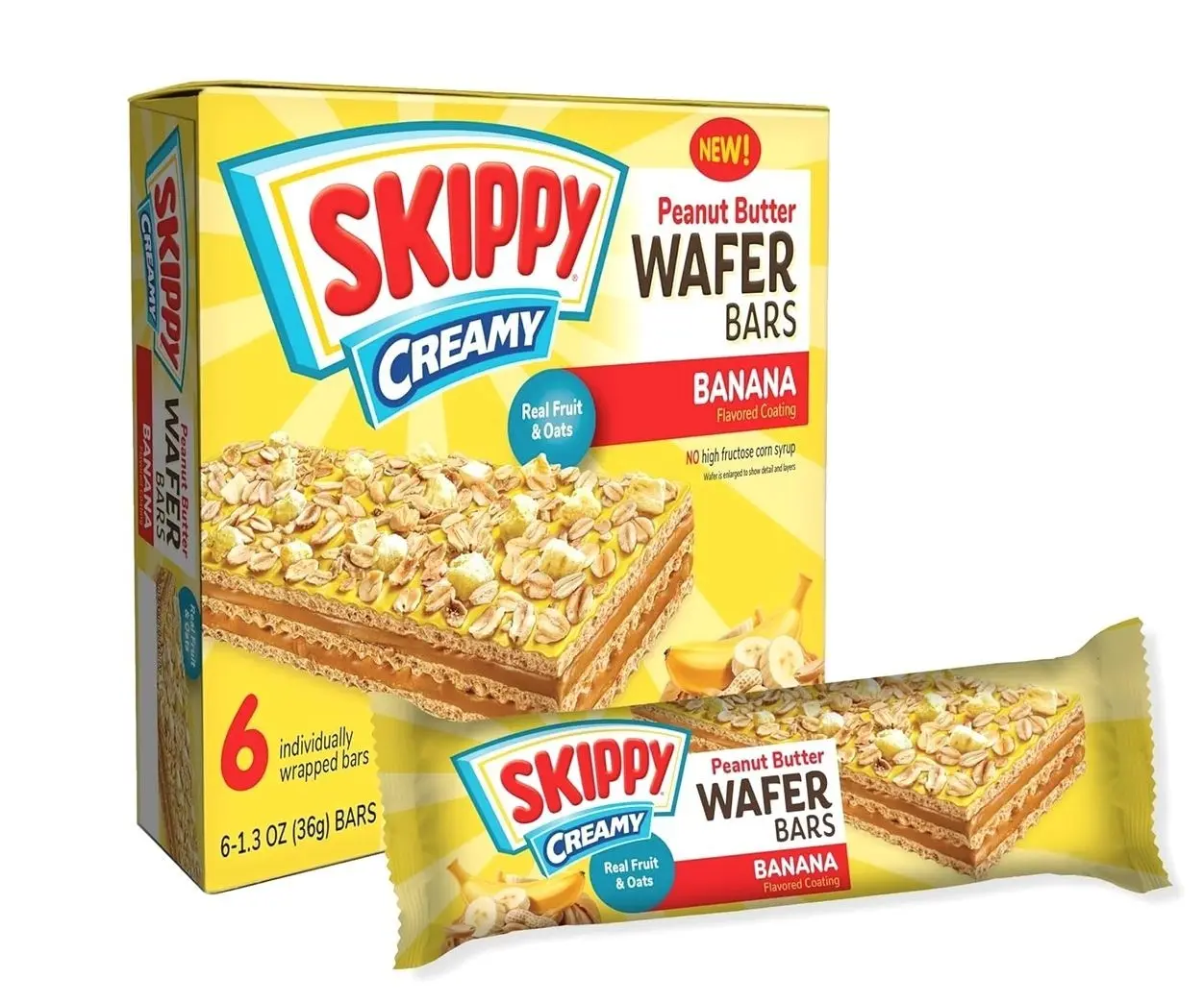 SKIPPY Creamy Peanut Butter Wafer Bars, Banana Flavor with Real Fruit & Oats, 6 Individually Wrapped Bars (7.8 oz Box)