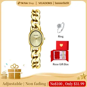 VEADONS Women's watches Retro Round Quartz Gold watches for women all stainless steel delicate petite old-money jewelry. Stylish elegant adjustable with strap tool. Free ring  gift box