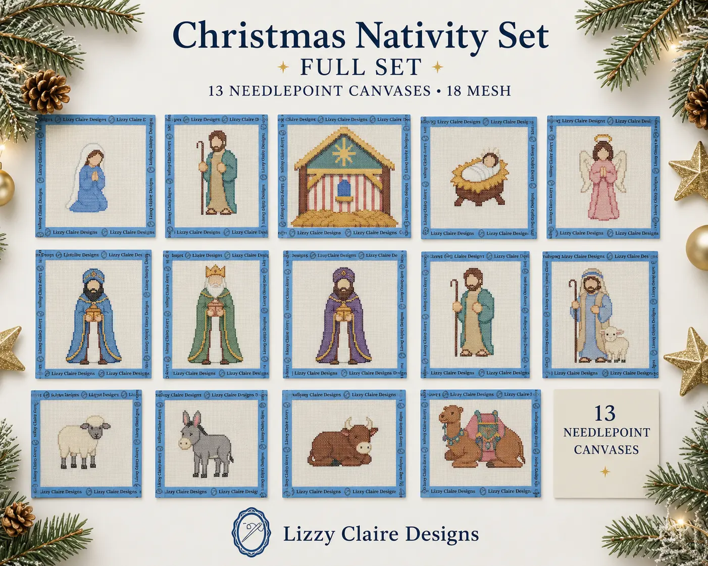 Christmas Nativity Set - Full Set - 18 mesh - 13 Needlepoint Canvases