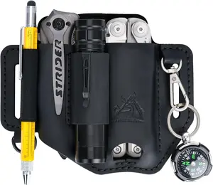 Full-Grain Genuine Cowhide Leather Multitool Sheath | Handmade Stitched Belt Organizer for , Flashlight, Pen & EDC Tools | Multi-Tool Holster Pouch with  Clip