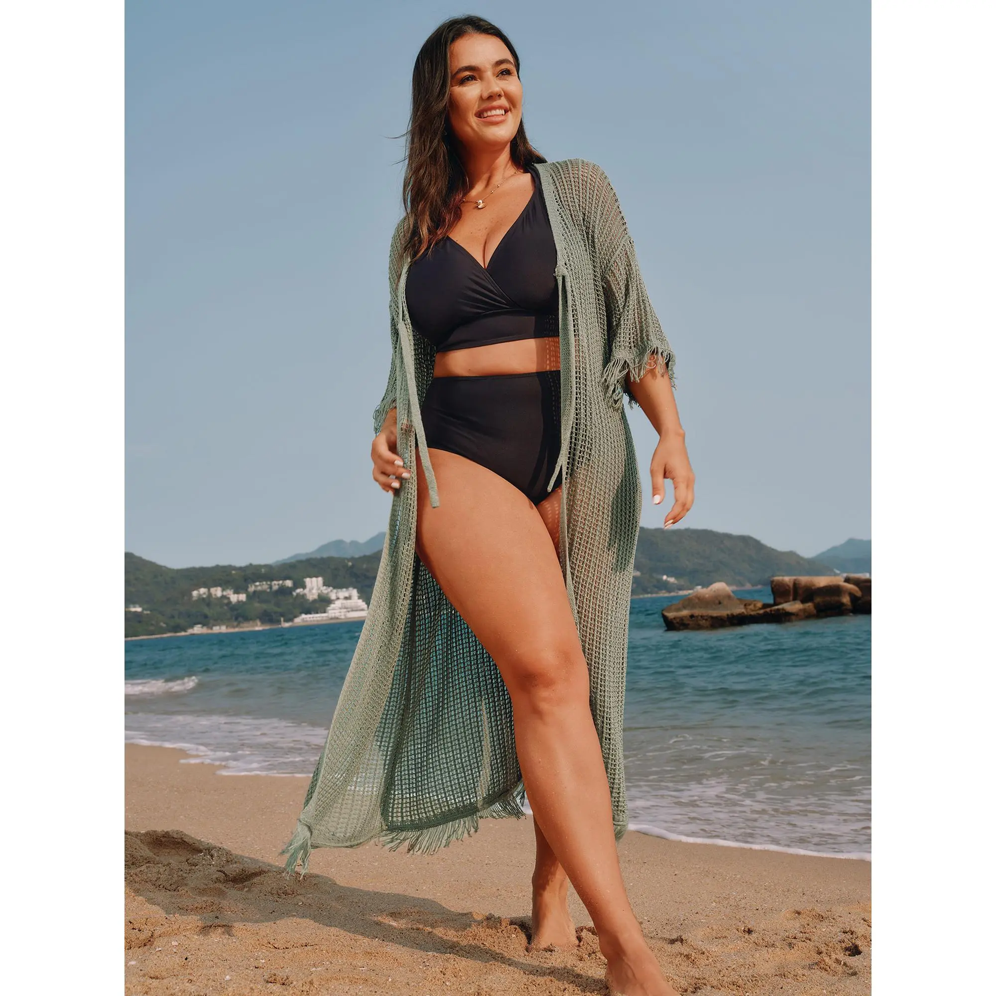 Women's Solid Acrylic Swimwear Coverups, Open Front Cardigan with Tassels and a Flowy Longline Cut for Summer Beach Wear, Bikini Cover Ups, Plus Size Friendly, Swimsuit Coverup, Lightweight Cover Up, Beach Cover Ups