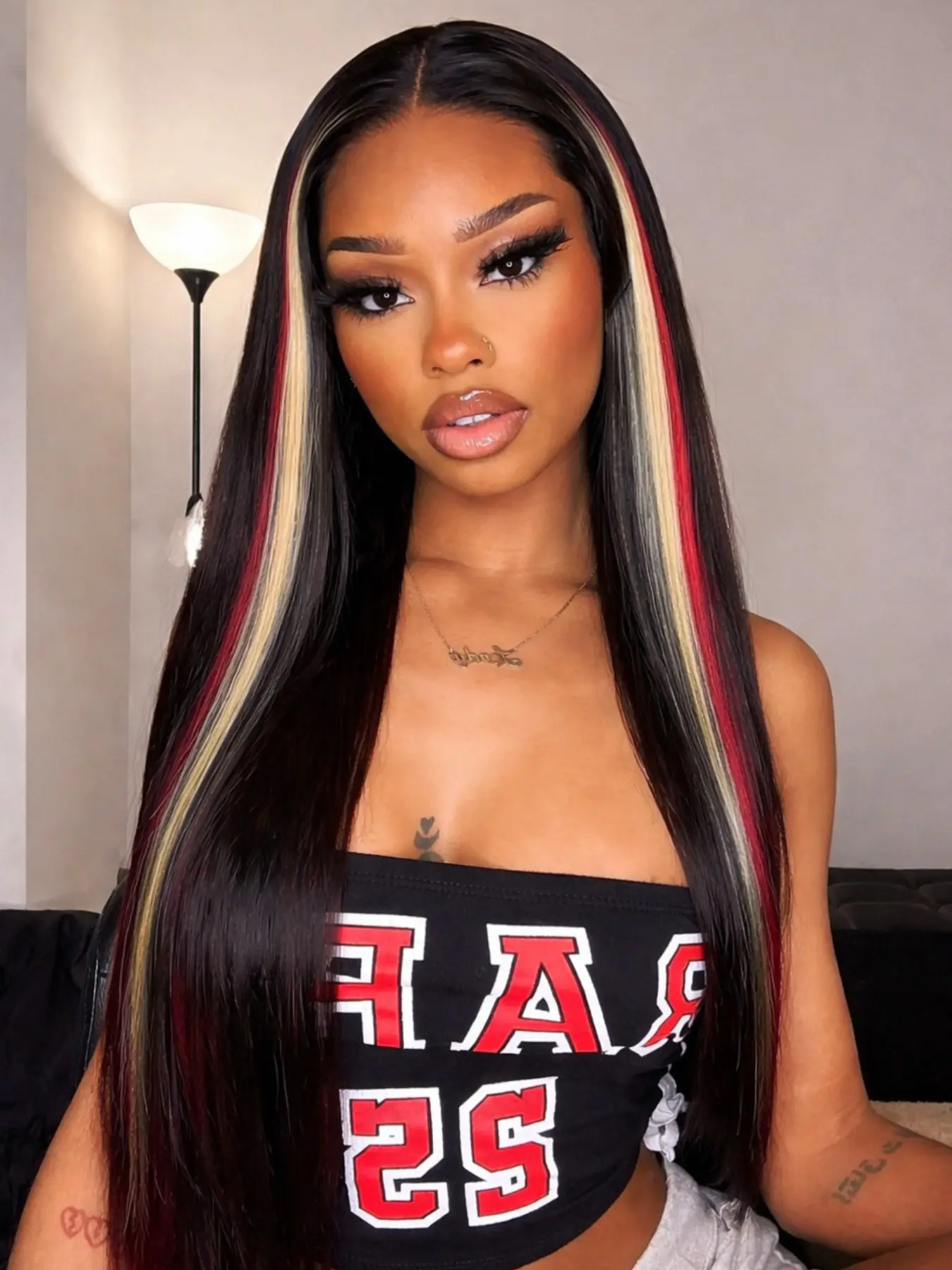 26 Inch Black Red Blonde Highlight Straight Lace Front Wigs Heat Resistant Fiber Hair Wigs Soft & Lightweight Natural Parting Synthetic Lace Wig