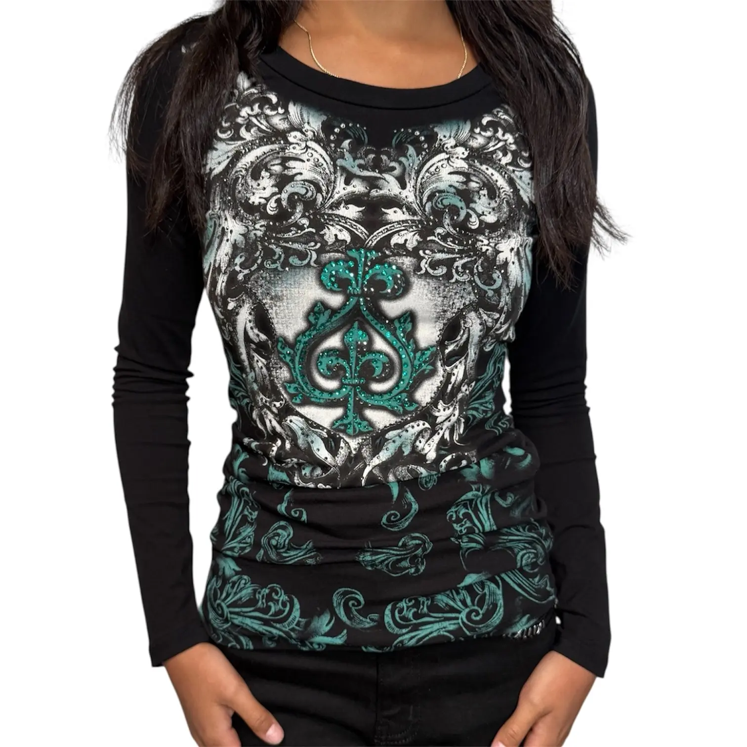 Aurora Rhinestone Long Sleeve Teal - Cotton