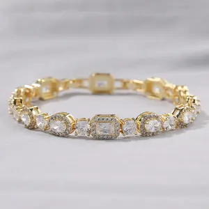 [ICE HUE] Unisex 18K Gold Vacuum Plated Copper Bracelet with 5A+ Sri Lanka Geometric Zircon - Miami, Italy, Mexico & Micro Inspired, Hip Hop Style, Luxury Costume Jewelry for Daily Wear, Gift Idea, Unisex Accessory