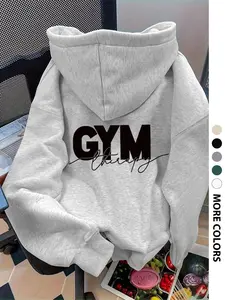Women's Gym Graphic Letter Print Hoodie, Fitness Hoodie, Casual Loose-Fit Drawstring Pocket Sweatshirt, Fall & Winter Fashion, Outdoor Wear, Womenswear