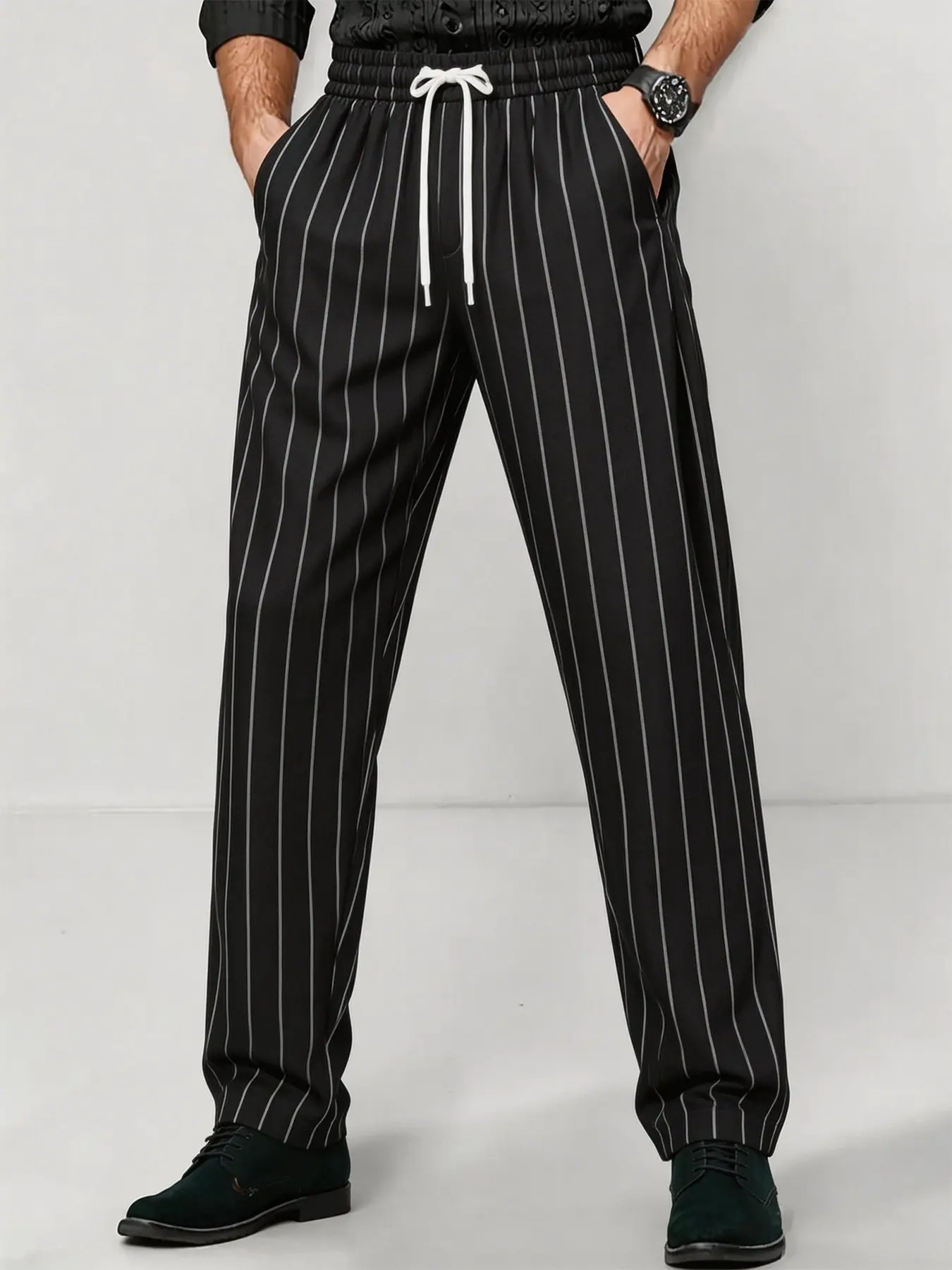 Men's Four-Season Vertical Stripe Drawstring Loose Classic Straight Leg Casual Pants, Stripe Pattern Pants, Striped, Light Business Retro Design, Versatile Options, All Seasons Trousers, Business Bottoms