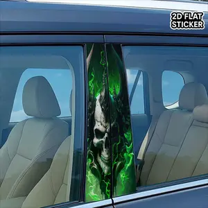 [2D Flat Sticker] 2pcs 9.8*19.6in Emerald Flame Skull King Car Decal Sticker, Car Door Trim Sticker - Gothic B-Pillar Vinyl Wrap, Durable, Waterproof, Self-Adhesive Exterior Auto Decoration, Car Vehicle Decoration, Universal Fit, Unique Style