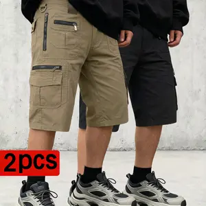 Pack of 2 Men’s 100% Cotton Cargo Shorts, Multi-Pocket Zipper Design, Durable and Breathable, Summer Casual Knee-Length Shorts for Everyday Wear run sport solid color work short loose fit lightweight men drawstring waist short pieces et boy grey unisex
