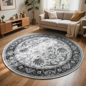 Round Rugs Vintage Print Low Pile Non-slip Circle Carpet Indoor Area Rug for Living Room Nursery