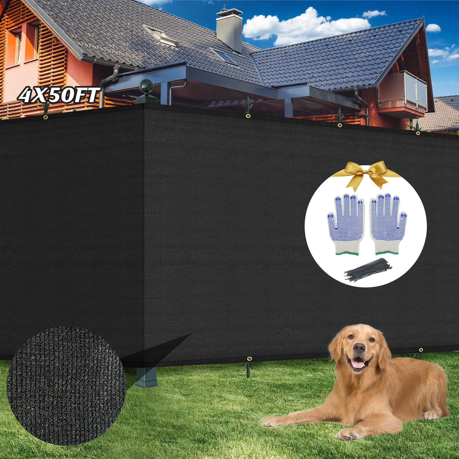 4' x 25' Privacy Screen Fence 180 GSM Heavy Duty 90% Blockage Windscreen Mesh Shade Net Cover for Wall Garden Yard Chain Link Fence Privacy with Gloves & Zip Ties (Black)