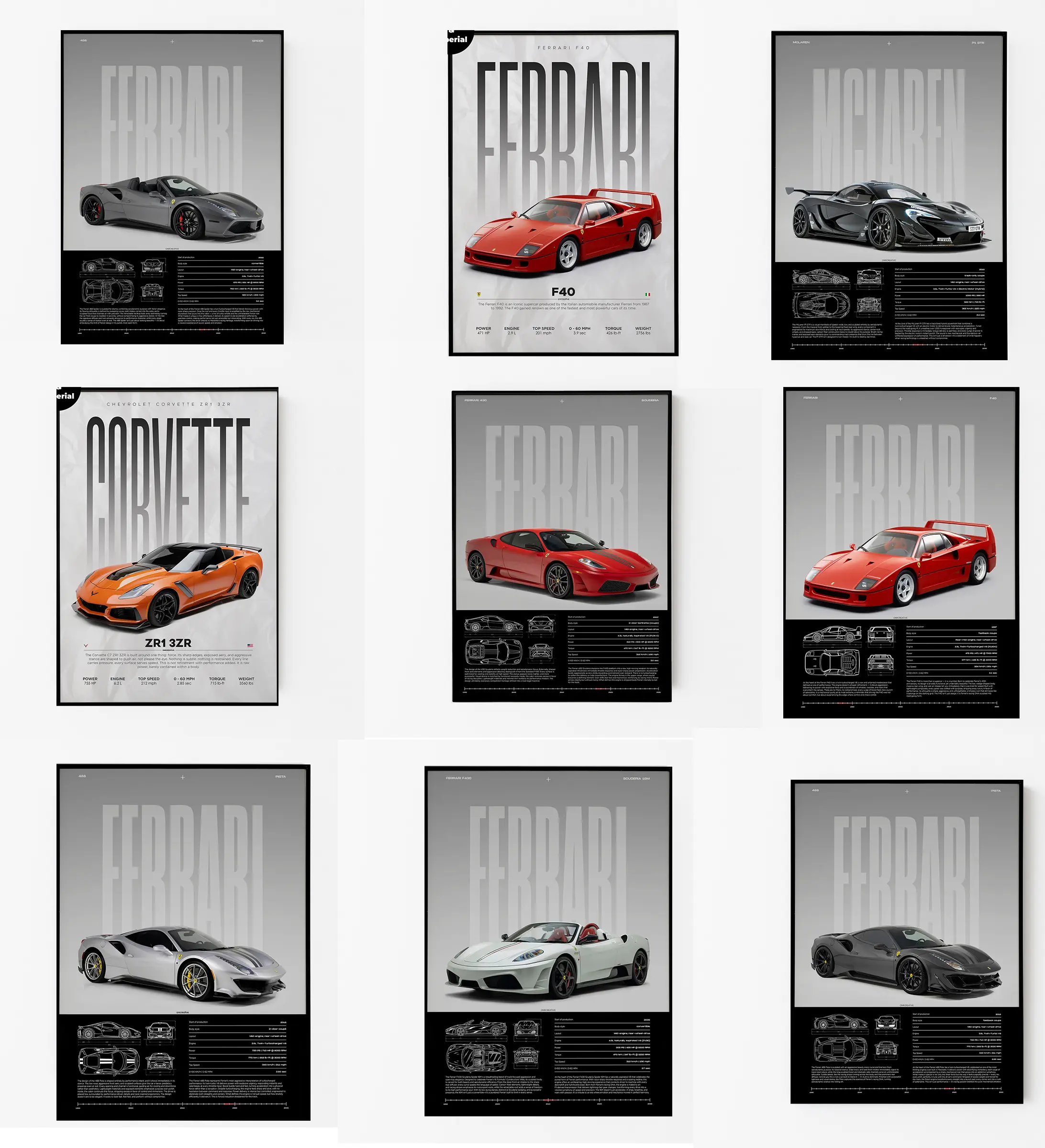 Set 9 Collection Ferrari Car Poster Wall Art HD Print Unframed Aesthetic Room Home House Modern Wall Decor Trendy Gift.