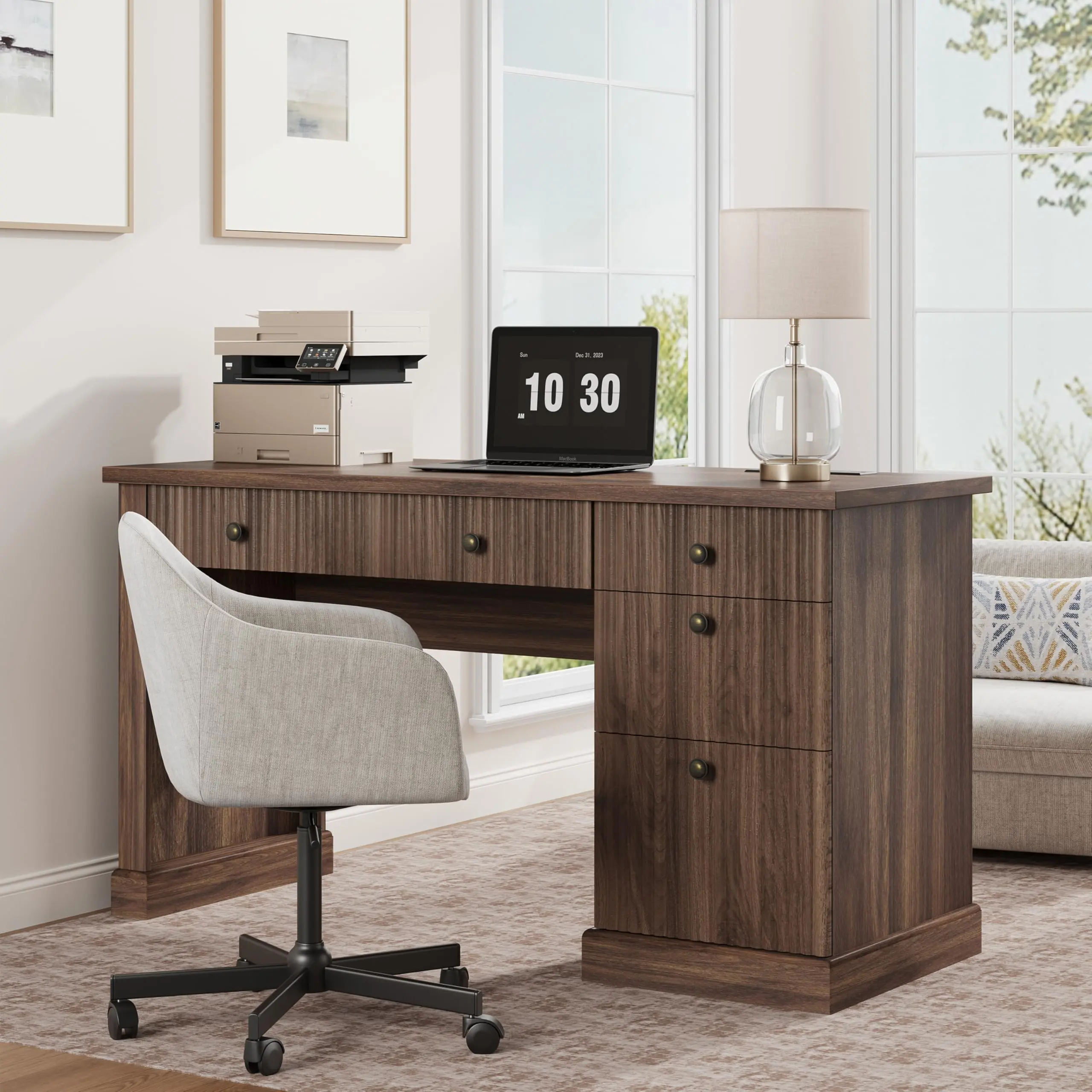Garvee Fluted Home Office Desk Storage, 54 in Modern Executive Desk with Charging Station, Wooden Computer Writing Desk with File Cabinet & Drawers for Study Room (Brown, 54.0”L x 21.6 in D x 30.0"H)
