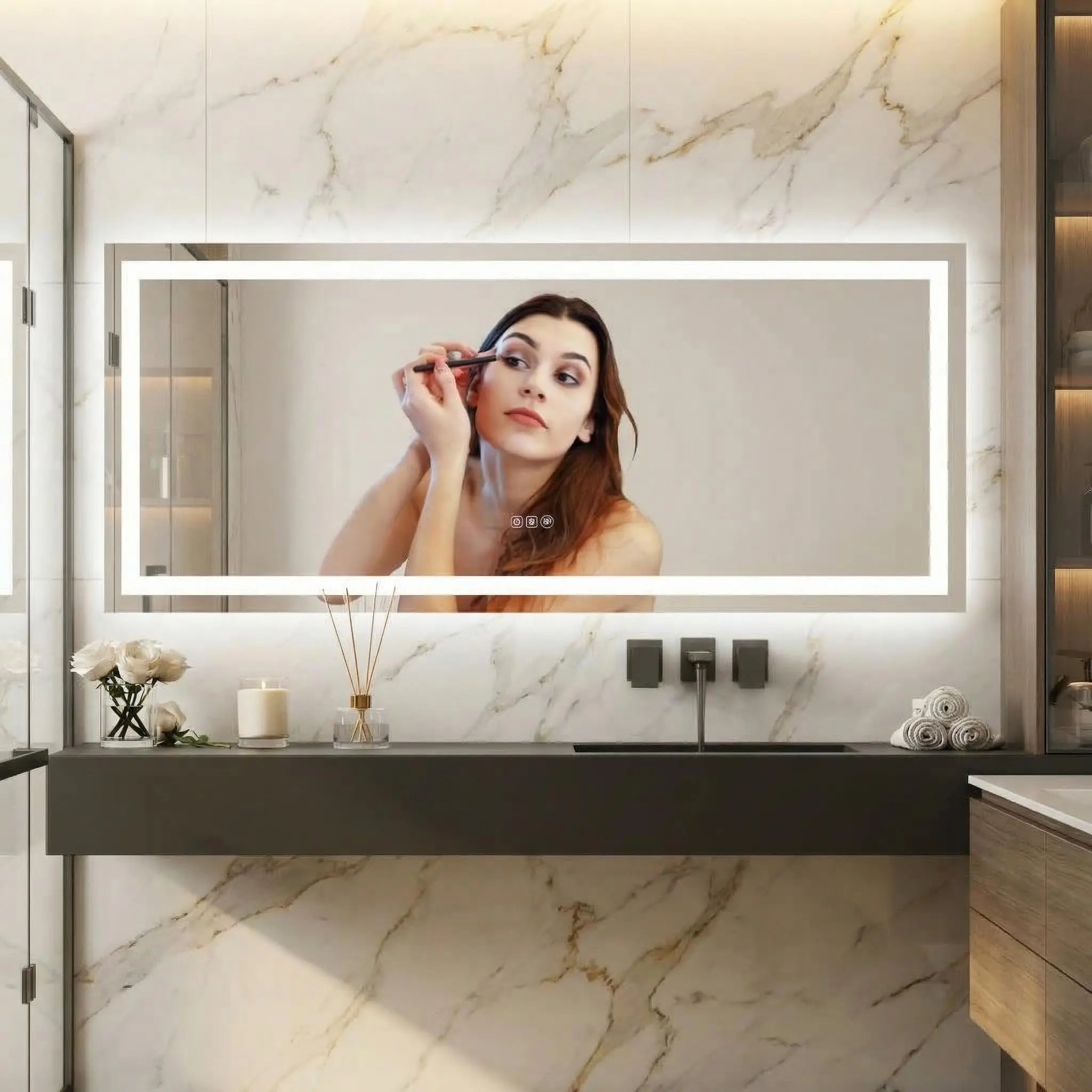 LED Bathroom Mirror 60 x 24 inch, Lighted Bathroom Vanity Mirror with Front Light and Backlit LED, Frameless Wall Mounted Bathroom Mirror with Adjustable Color Temperature