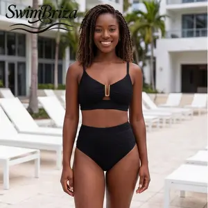 Briza｜Ribbed Black High Waisted Bikini Set for Women Tummy Control Two Piece Swimsuit with Keyhole U-Ring Detail Retro Bathing Suit Vacation Beach Swimwear, Women's Swimwear, Bathing Suit for Women, Two Piece Bathing Suit, Resort Cruise Beachwear