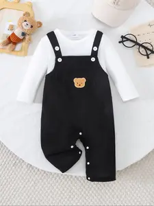 Baby Boys' Long Sleeve Romper & Bear Strap Jumpsuit Set, Cute Infant for Spring & Fall, Soft Cotton Fabric, Baby Boy Clothes