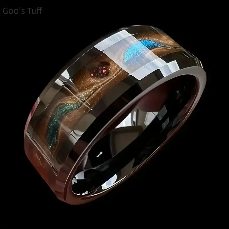 Mens Tungsten Stone Ring - Fine Jewelry Inlay Band with Meteorite Pattern, Blue Opal & Garnet, Handcrafted Durable Unique Gift for Husband, Ideal for Weddings & Anniversaries