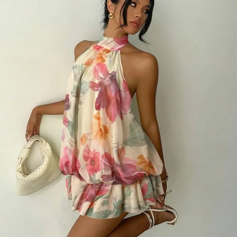 Elegant Women's Halter Neck Sleeveless Mini Dress, Summer Floral Pattern Sundress, Boho Beach Wear, Casual Boho Chic, Boho Fashion, Boho Style Floral