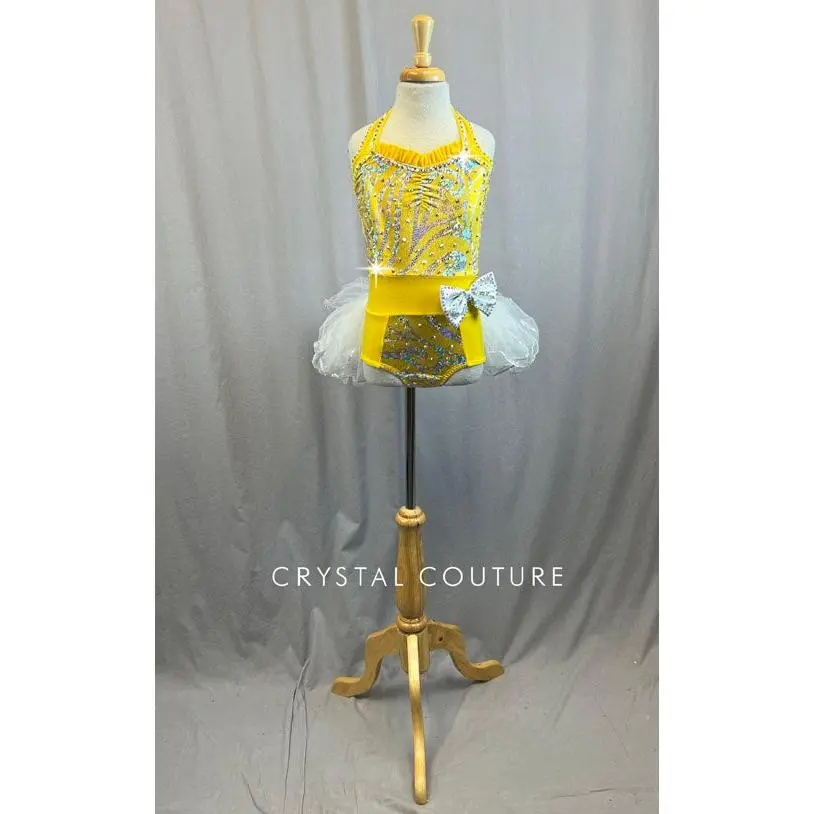 Yellow Leotard with Silver Detail and White Tulle Skirt - Rhinestones