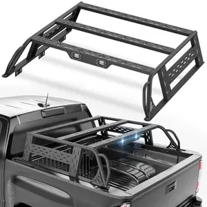 13.8" High Overland Bed Racks Truck Cargo Carrier Compatible with 2016-2018 Silverado 1500 & GMC Sierra 1500 with 2 LED Lights and Bed Rails, Full-Size Truck Rear Ladder Rack Back Cross Bars