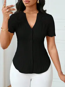 Women's Fashionable Single-Breasted Pure Color Slim-Fit Embroidered Hollow Out Short Sleeve Top Shirts, Versatile Design for Daily Wear