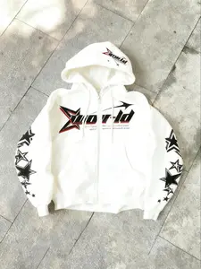 Bold Zip-Up Hoodie with Xworld Logo & Star Pattern, Long Fitted Casual Style for Fall&winter, Trendy H-Type Silhouette