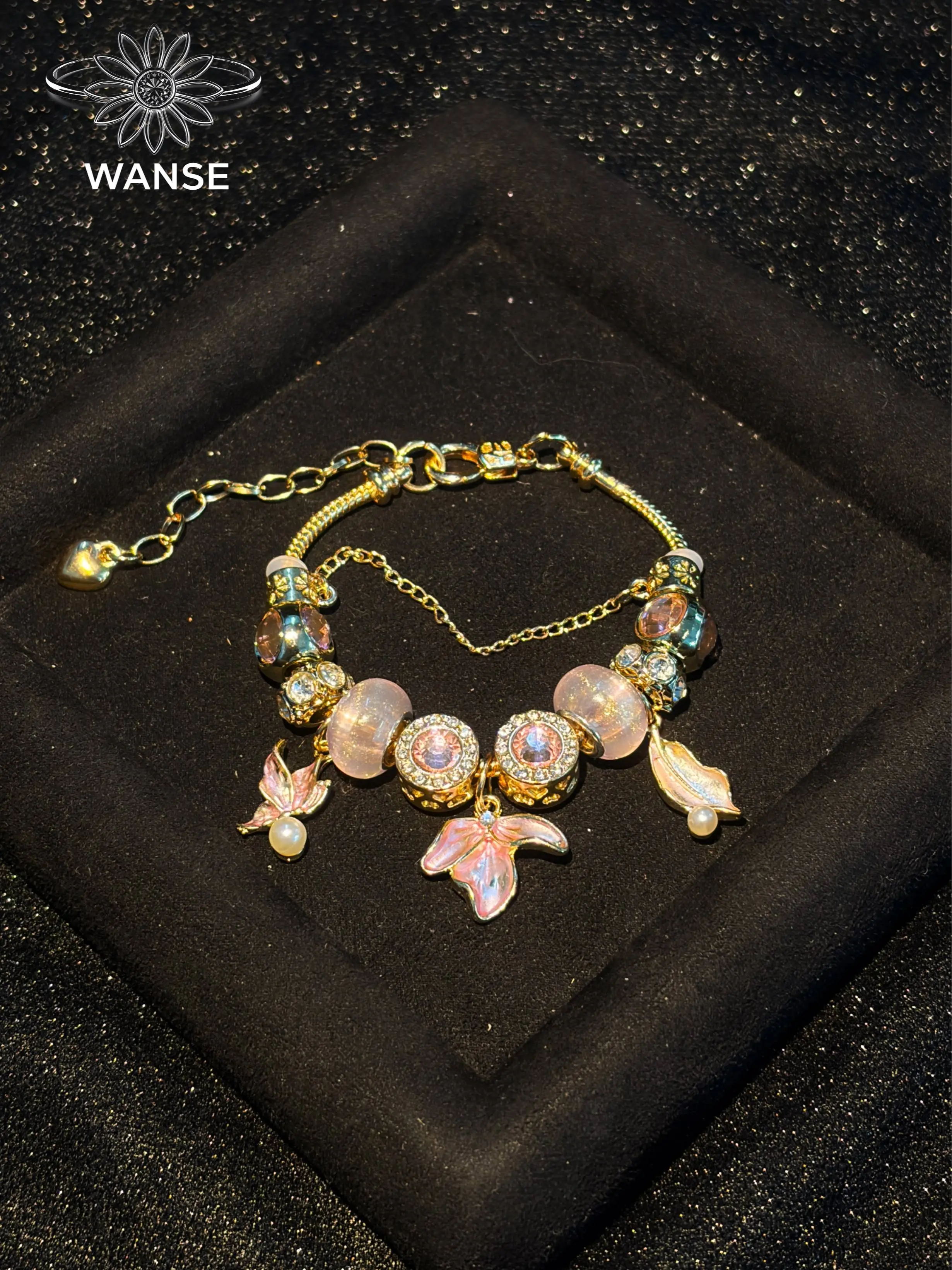 Women's Gold Tone Beaded Charm Bracelet, Adjustable Snake Chain with Pink Enamel Butterfly & Petal Charms, Sparkly Rhinestone & Translucent Glass Beads, Sweet Romantic Fashion Jewelry Gift