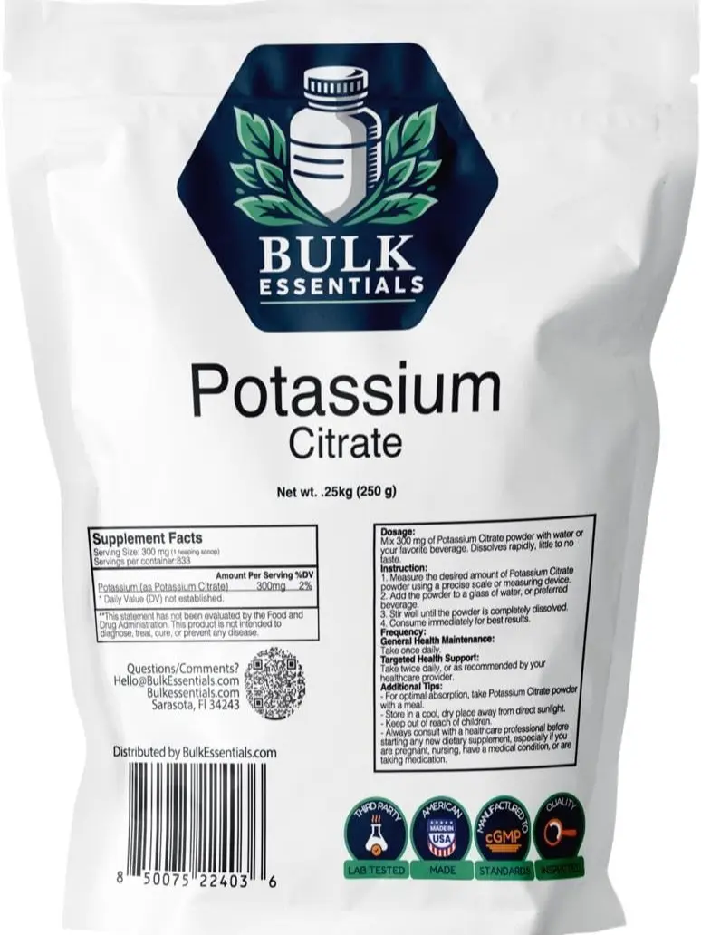 Potassium Citrate Supplement – Pure Powder for Muscle, Heart, Nerve & Electrolyte Support – USA Made, Non-GMO & Gluten Free – Potassium Supplement 300mg Per Serving