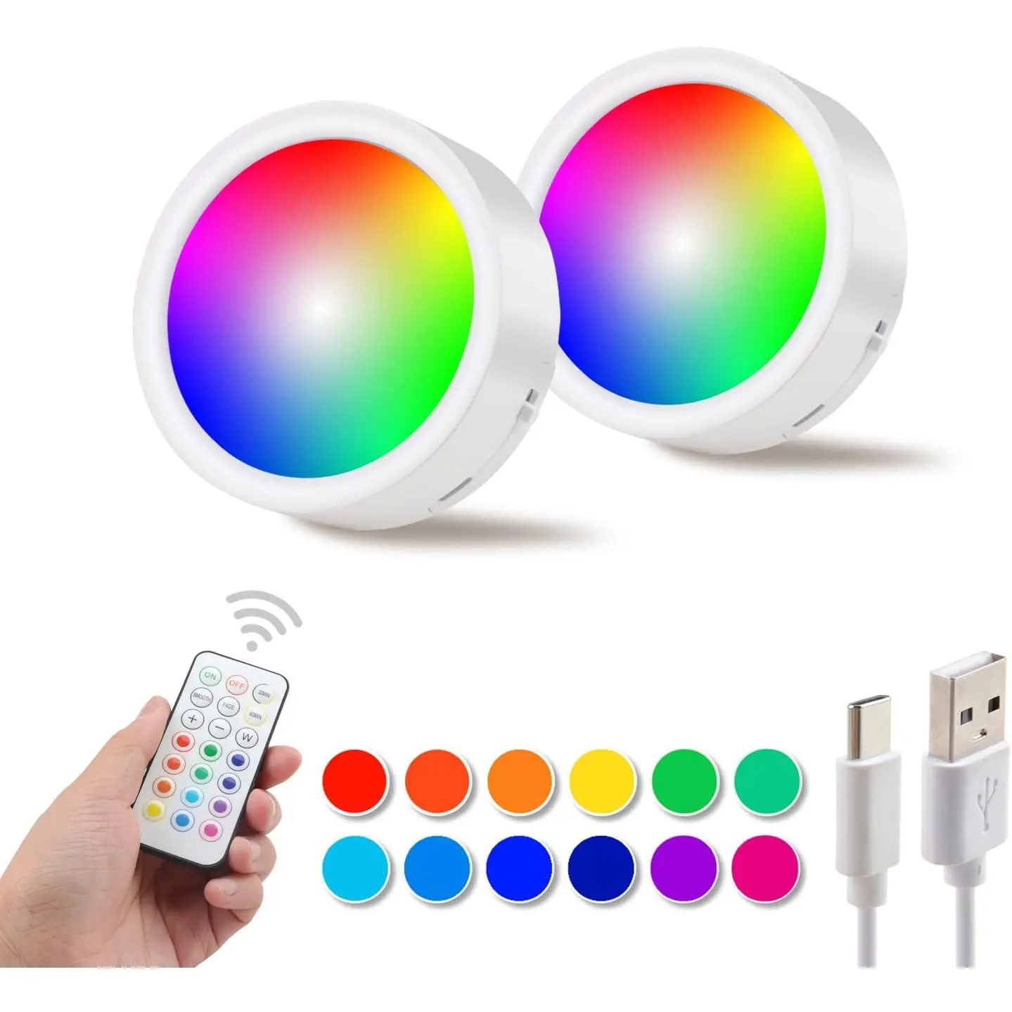 Under Cabinet Lighting with Remote Control, Rechargeable  Operated  Shelf Lights, Color Changing Puck Lights for Kitchen, 2 Pack, White