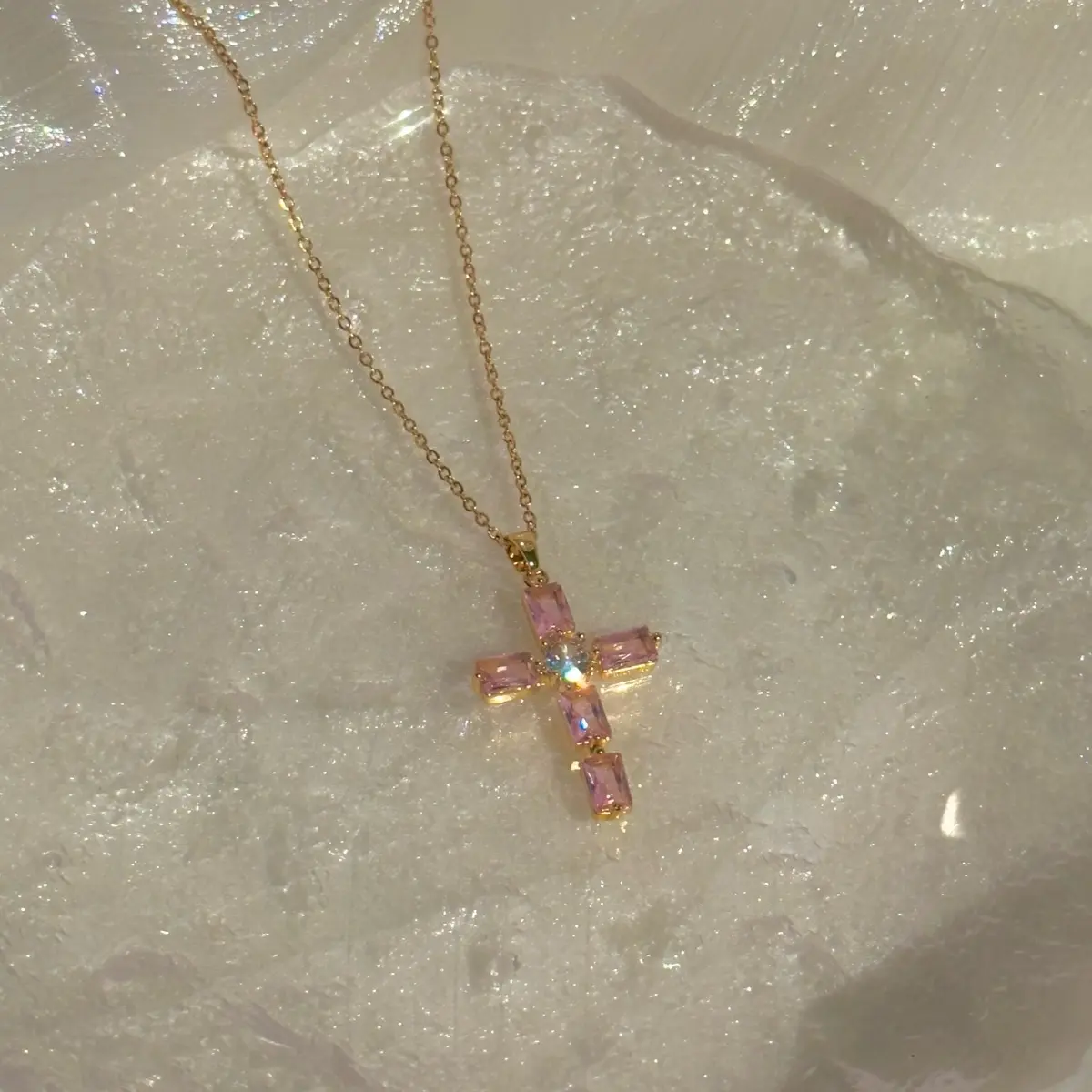 Pink cross 18k gold plated necklace non-tarnish