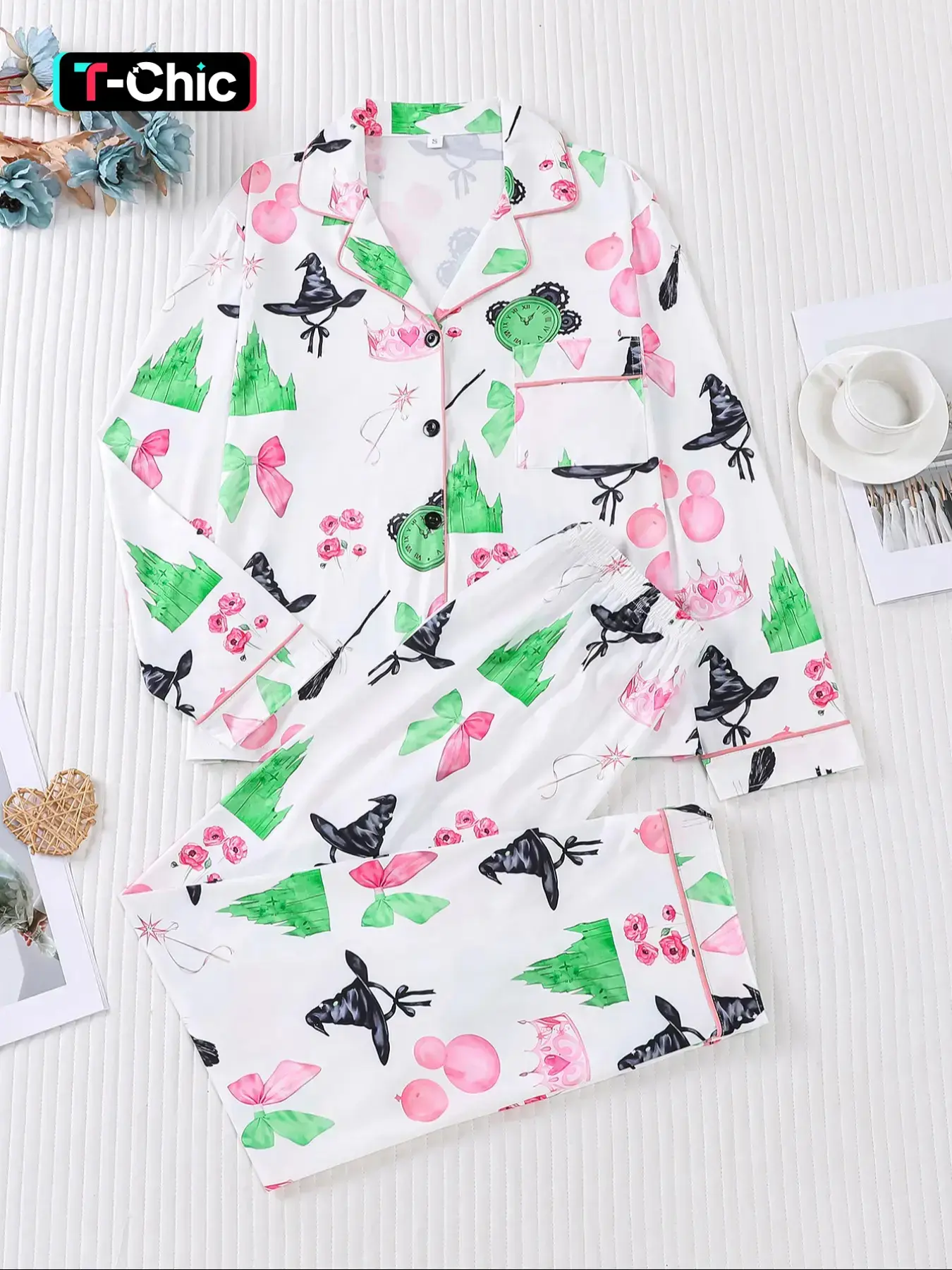 2 pieces of women's Halloween witch hat, princess crown, printed long sleeved knitted pants, fitted pajamas set, Fabric, top pocket suitable for all seasons, comfortable, casual home wear Loungewear Nightwear