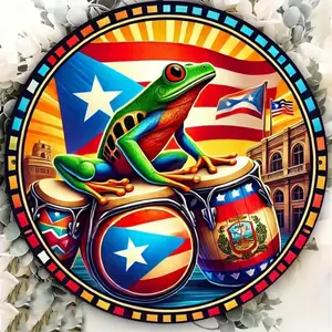 Puerto Rican Flag Frog Aluminum Sign Wall Sign 8x8 Inch Round Waterproof Art for Garden Bar Cafe Home Decor Products
