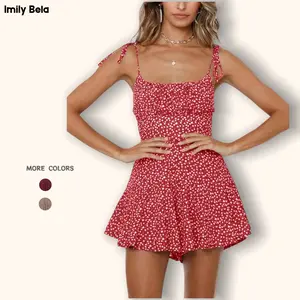 Imily Bela Women's Boho Floral Wide Leg Short Romper Spaghetti Strap Smocked Jumpsuit