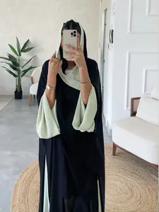Z160（1-Piece Black & Light Mint Color-Block Open Abaya with , Casual Modest Muslim Kimono Outerwear）