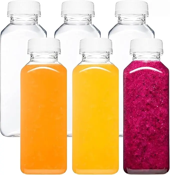 Plastic Juice Bottles with Caps, Reusable Juicing Bottles, Clear Drink Containers with Lids for Juicing, Smoothie and Other Beverages - 12oz 6pcs