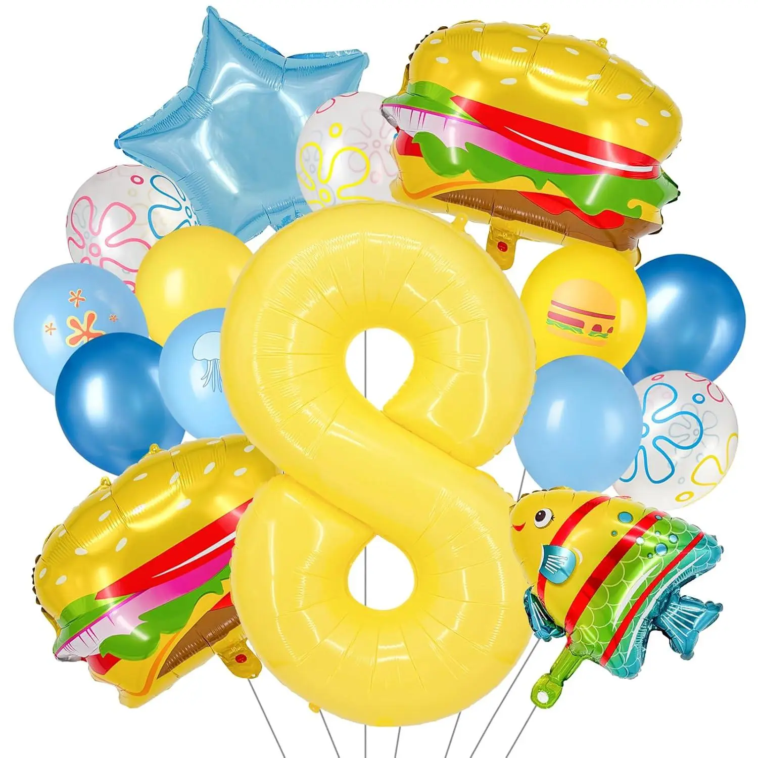 8Th Birthday Balloon Kit With Number 8 Balloon, Blue Yellow Party Decorations Set With Hamburger And Fish Balloons