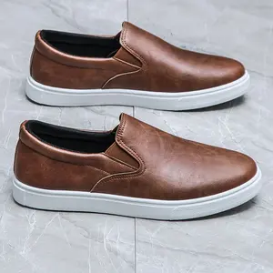 Men's brown slip-on sneakers-comfortable, non-slip, stylish casual shoes with white rubber sole
