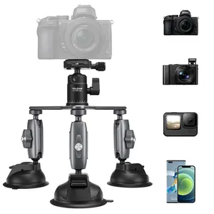 TELESIN Triple Suction Cup Car Mount Heavy Duty Tripod with 360 Ball Head for GoPro 13 Insta360 X5 DJI Action 6 5 Pro DSLR Mirrorless Camera, Dashboard Windshield Window Motion Vehicle Holder Attach