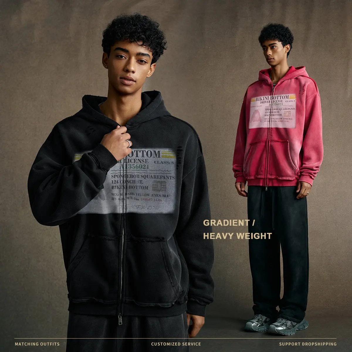 Mens Printed Ripped Zip-Up Hoodie Cardigan Coat